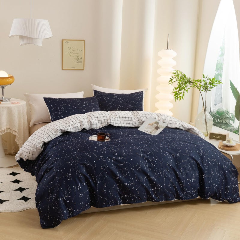 ECOCOTT Duvet Cover King, 3 Pieces 100% Natural Cotton 1 Duvet Cover +2 Pillowcases Bedding Set,Navy and Cosmic Constellation Reversible Printed Pattern Breathable and Durable Duvet Cover King Size - Image 3